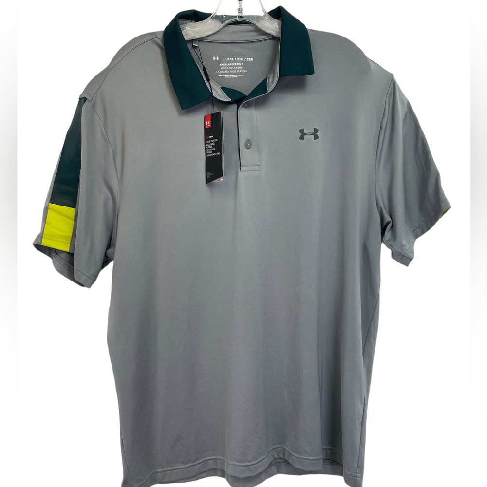 Under Armour The Playoff Polo Mens CXL Grey / Green Trim Golf Polo Shirt (R40)